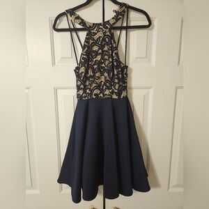 B. Darlin Navy Lace Fit & Flare Halter Sleeveless Party Dress Juniors 1/2